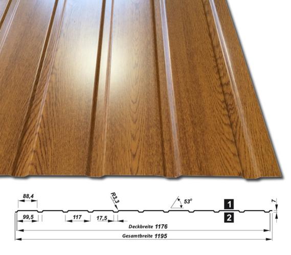 Wandblech T-7W Golden Oak - Holzoptik - 25 µm Polyesterbeschichtung - mit Querschnitt